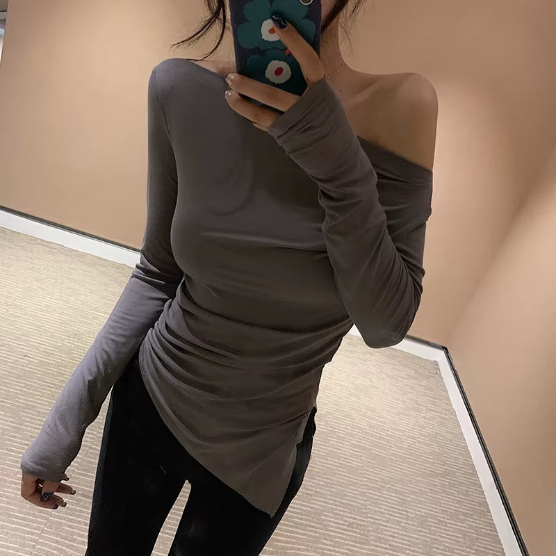 off Shoulder Tshirt Woman Backless Sexy T Shirt Women T-Shirt Long Sleeve Korean Style Slim Elasticity Womens Clothing