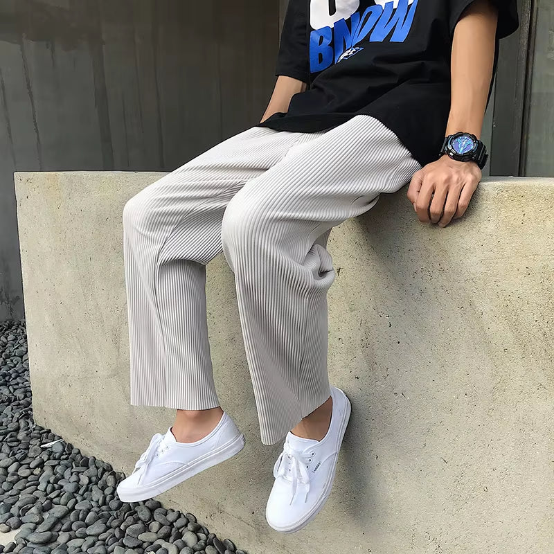 Korean Version Pleated Straight Pants Men'S NEW Fashion Elastic Waist Casual Pants Men Streetwear Ice Silk Trousers Mens Pants