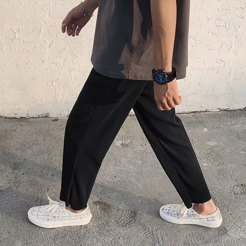 Korean Version Pleated Straight Pants Men'S NEW Fashion Elastic Waist Casual Pants Men Streetwear Ice Silk Trousers Mens Pants
