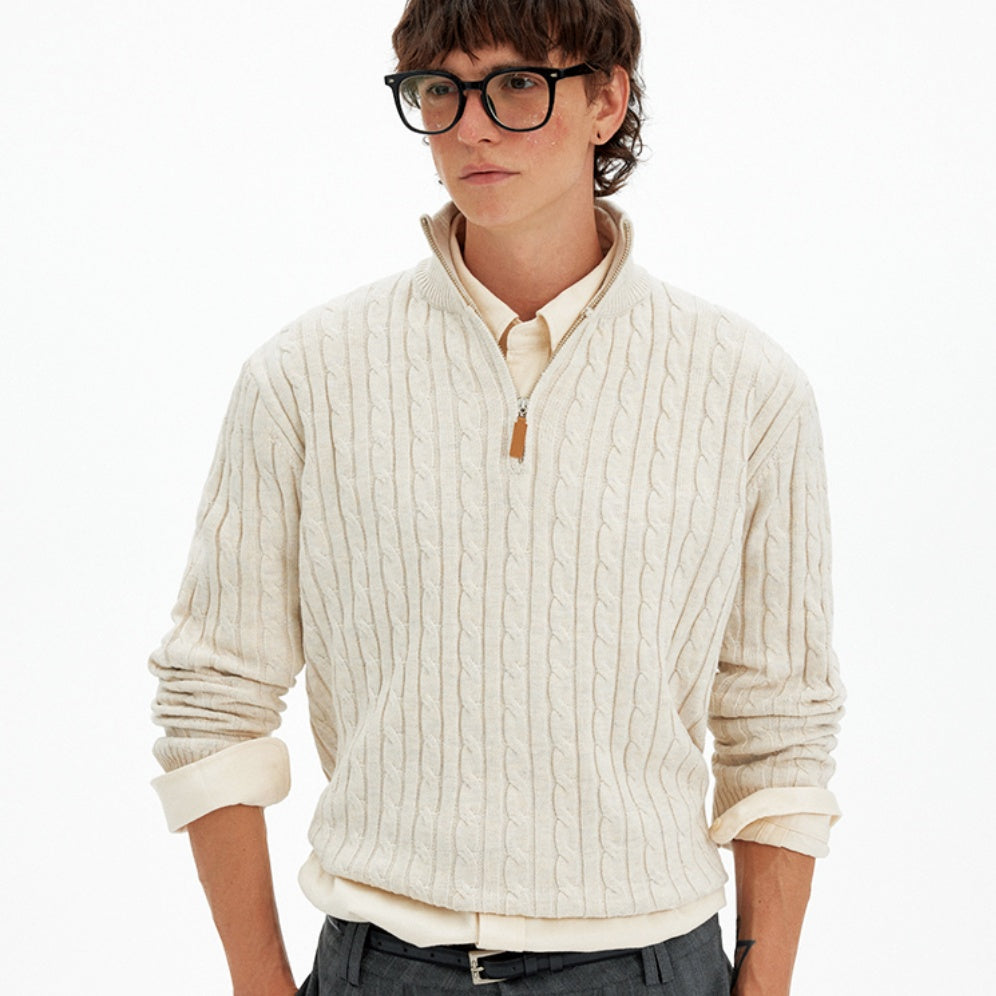 Retro Cable-Knit Half-Zip Sweater Casual Knitted Top