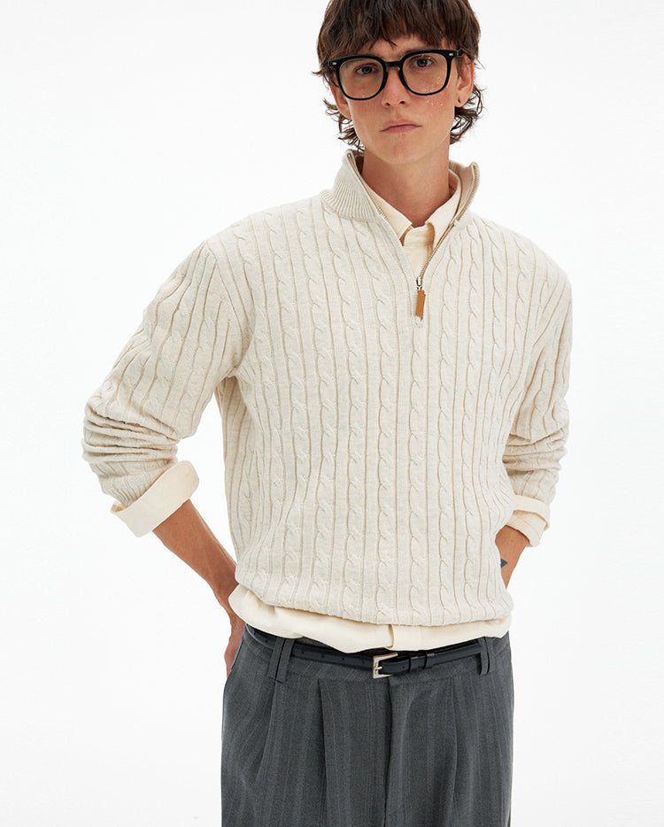 Retro Cable-Knit Half-Zip Sweater Casual Knitted Top