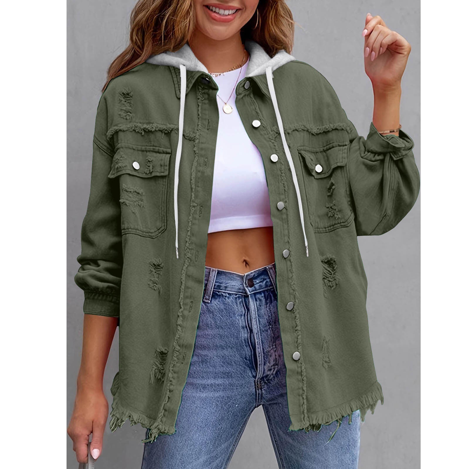 Womens Solid-Color Loose Denim Hooded Jacket