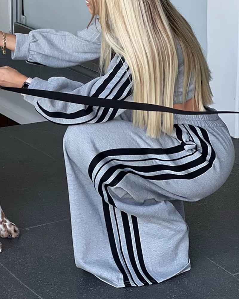 Women'S Casual Zipper Striped Long Sleeve Crop Top & Wide Leg Pants Set Spring New Fashion Womens Casual Pocket Trousers Outfits
