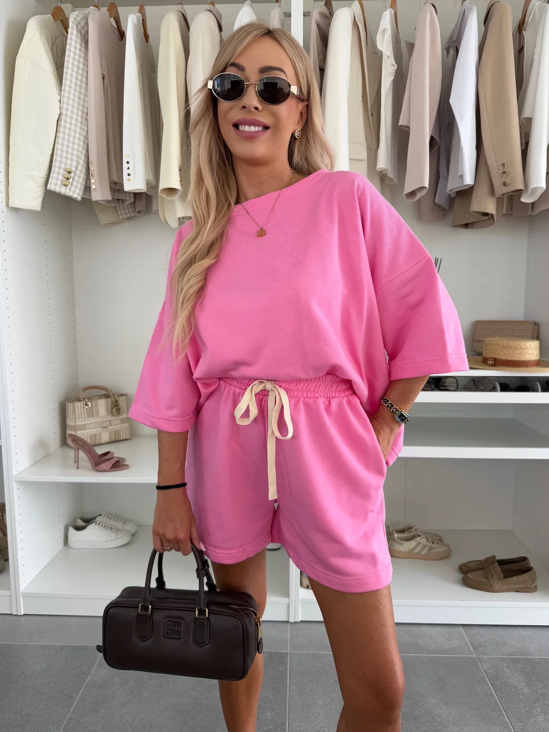 Crew-neck Half-sleeve T-shirt And Minimalist Lace-up Shorts Set