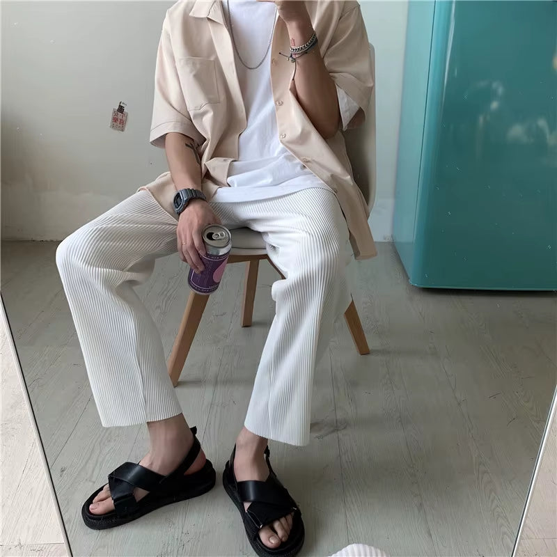 Korean Version Pleated Straight Pants Men'S NEW Fashion Elastic Waist Casual Pants Men Streetwear Ice Silk Trousers Mens Pants