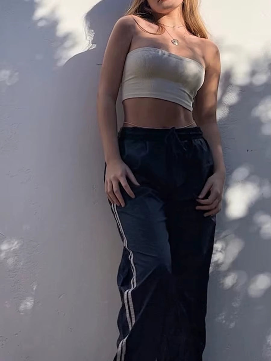 Women Casual Pants Drawstring Elastic Waist Striped Loose Long Trousers Streetwear