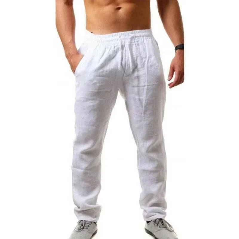 Summer Cotton Pants Casual Long Fitness Breathable Pants Linen Lightweight Drawstring Yoga Beach Trousers Solid Color Mens Pants